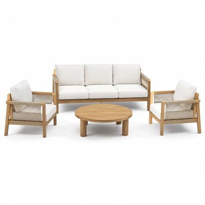 Set da giardino 4 pezzi marrone naturale e beige con divano 200 × 80 × 80 cm, 2 poltrone 76 × 80 × 78 cm e tavolino Ø 90 × 38 cm