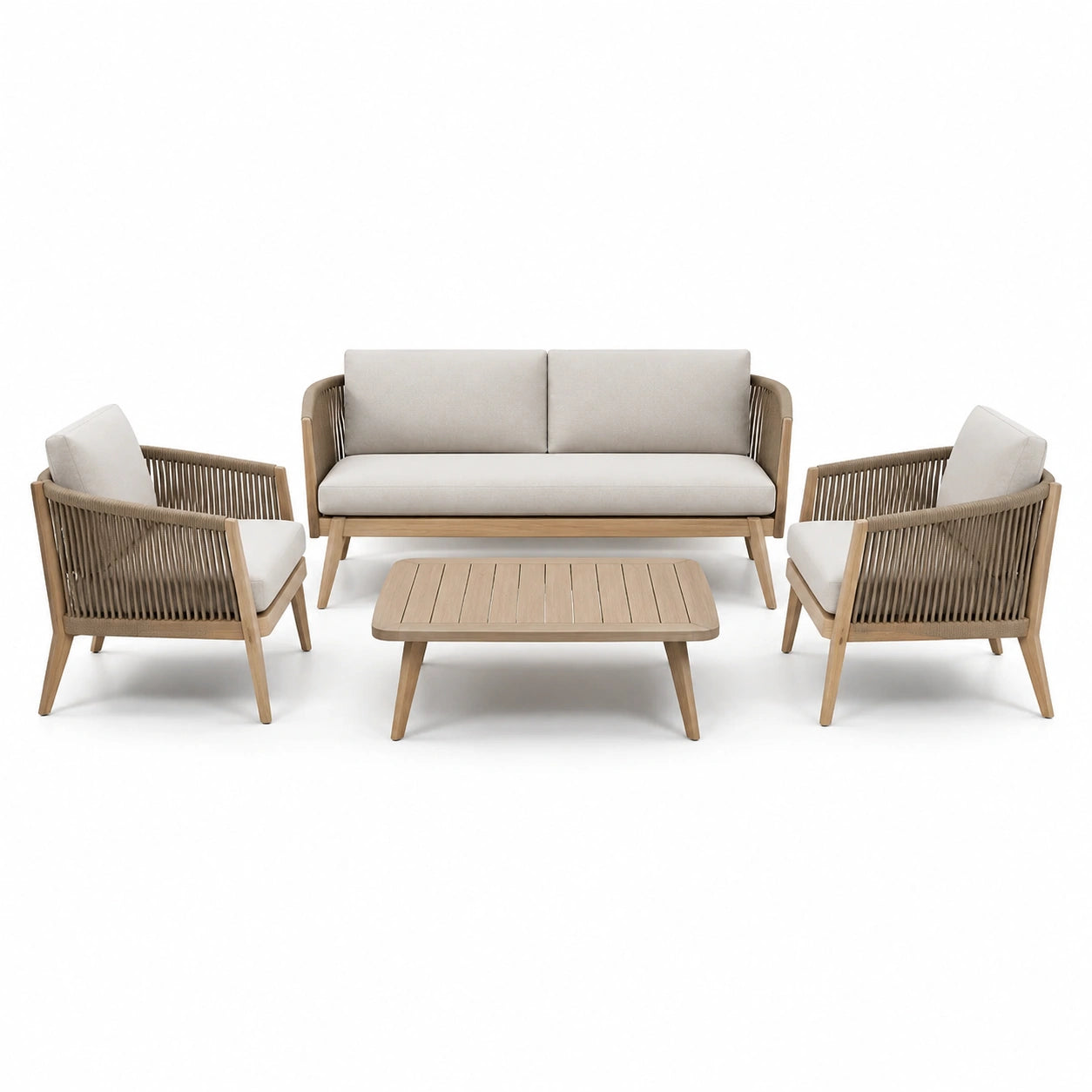 Set da esterno 4 pezzi beige, legno naturale e tortora con divano 178 × 78 × 78 cm, 2 poltrone e tavolino