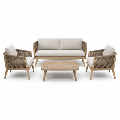 Set da esterno 4 pezzi beige, legno naturale e tortora con divano 178 × 78 × 78 cm, 2 poltrone e tavolino