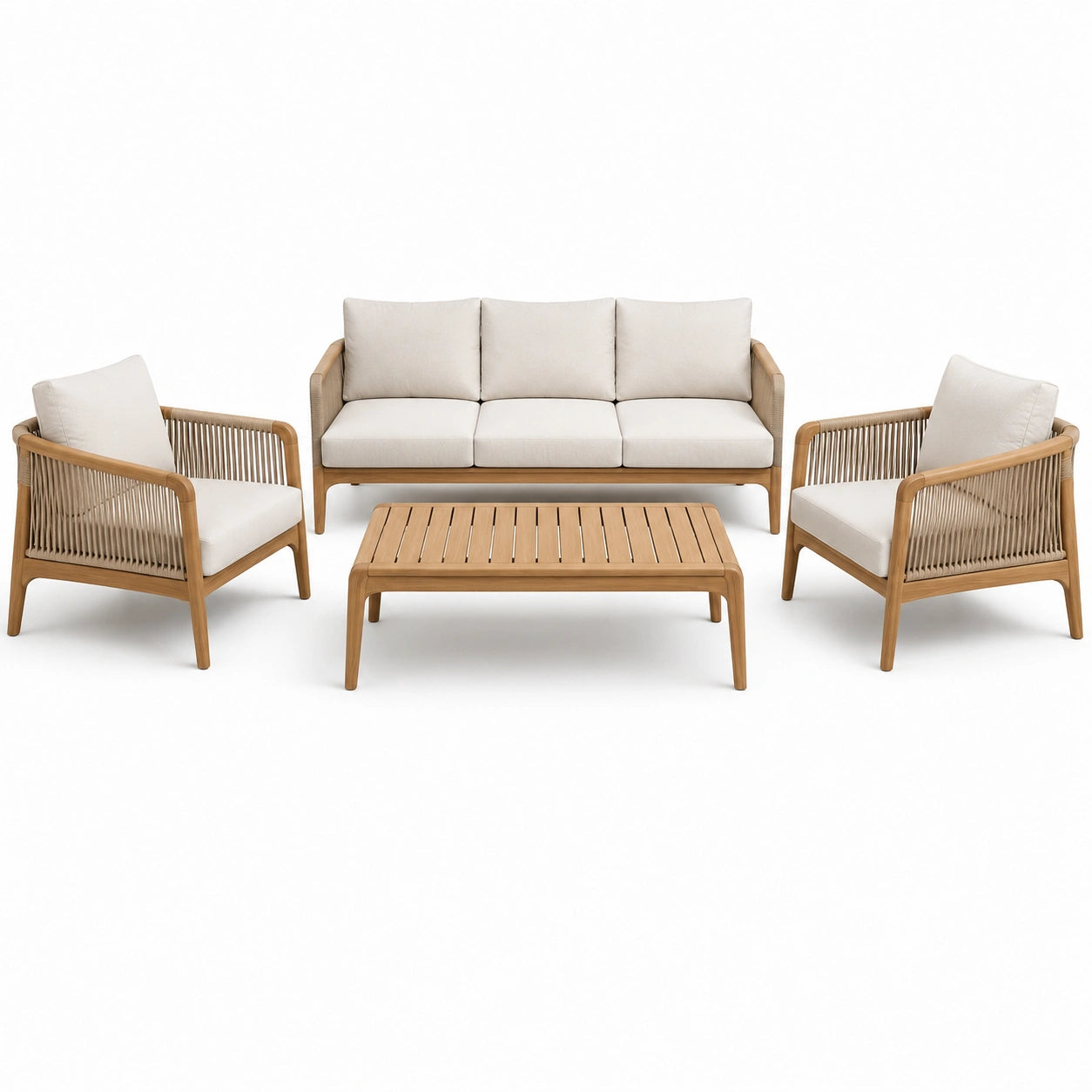 Salotto da giardino 4 pezzi marrone naturale e beige con divano 190 × 78 × 76 cm, 2 poltrone 75 × 78 × 76 cm e tavolino 110 × 60 × 38 cm