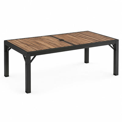 Tavolo da giardino rettangolare 180 × 90 × 75 cm in legno e metallo, marrone e nero, con foro per ombrellone
